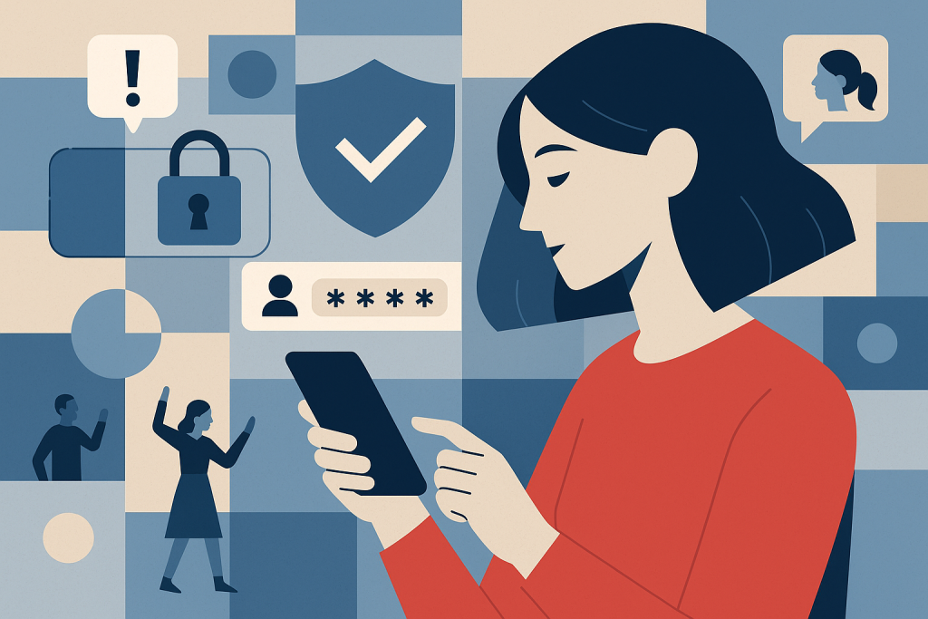 Illustration of woman using smartphone safely in a digital security interface setting, with a focused mood.