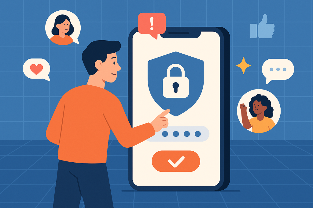 Illustration of man setting up secure app in a abstract data grid setting, with a inspired mood.