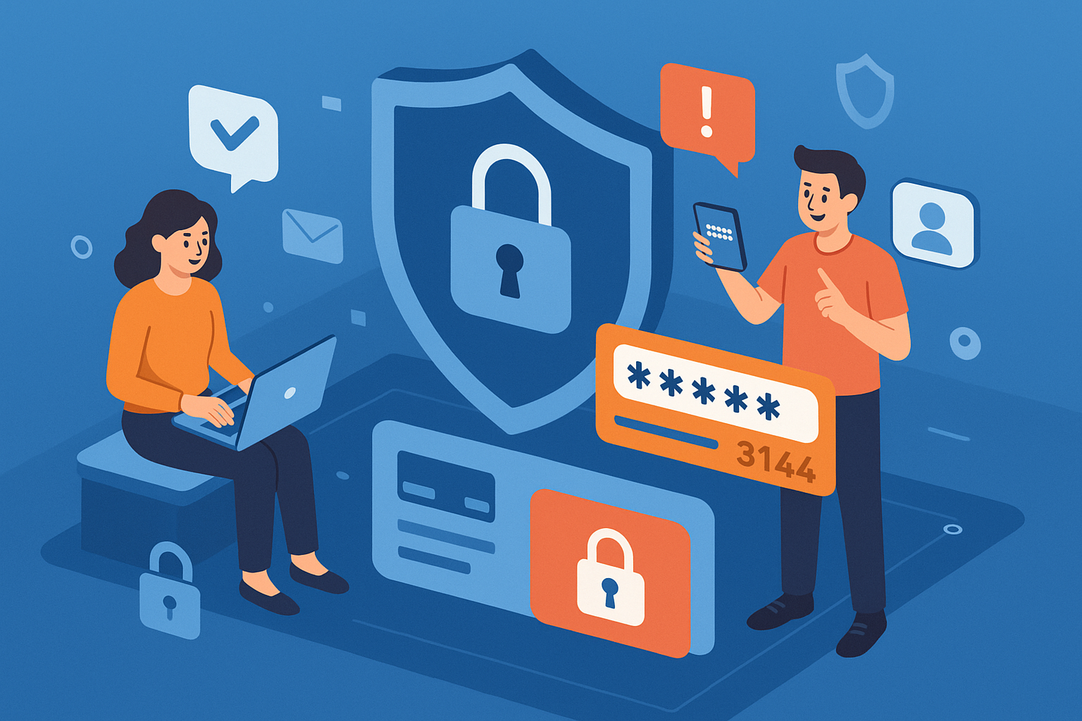 Illustration of couple using protected numbers in a digital security interface setting, with a inspired mood.
