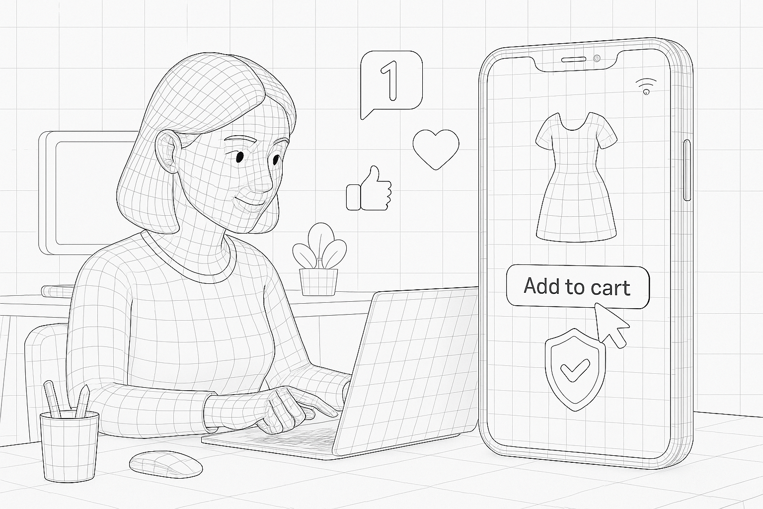 Illustration of illustration of second phone line in a minimal tech workspace setting, with a creative mood.