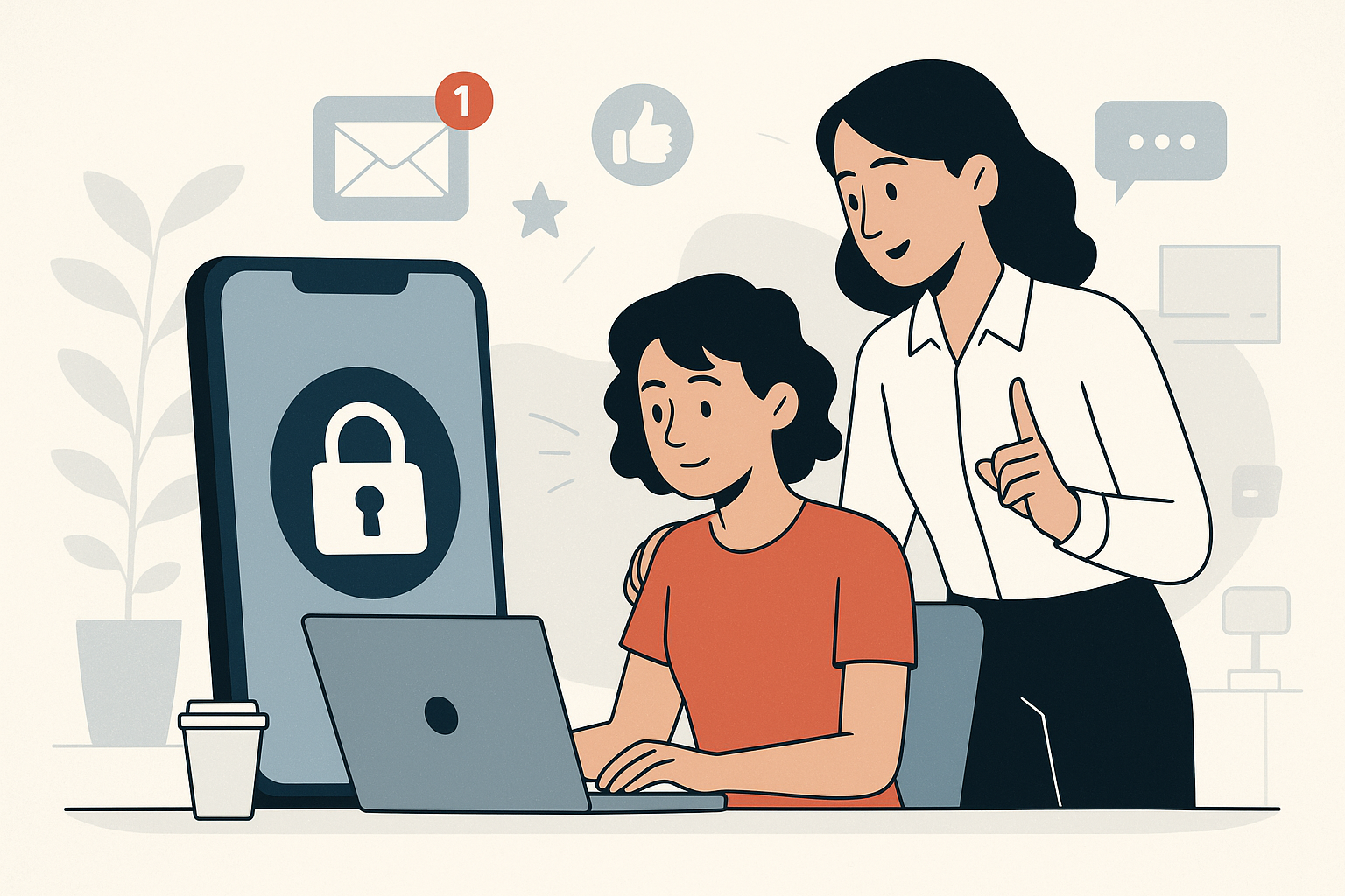 Illustration of mobile phone with lock symbol in a minimal tech workspace setting, with a creative mood.