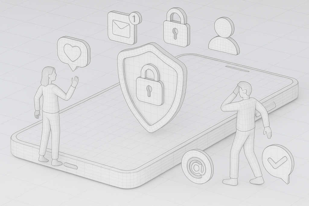 Illustration of privacy shield icon on screen in a smartphone close-up setting, with a creative mood.