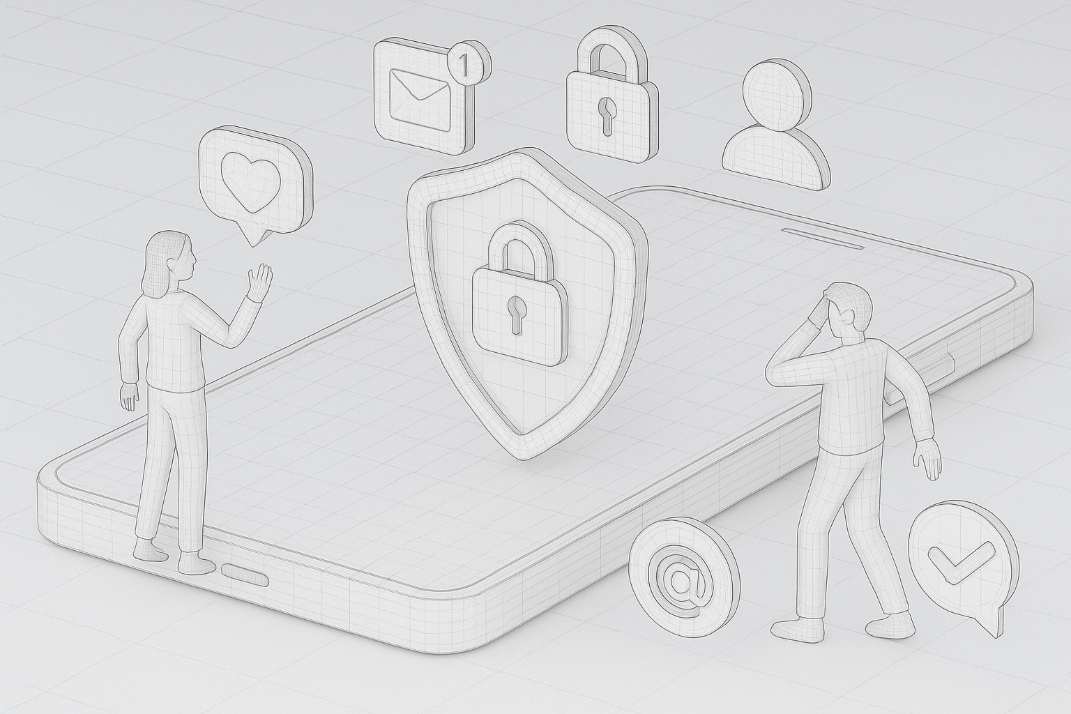 Illustration of privacy shield icon on screen in a smartphone close-up setting, with a creative mood.