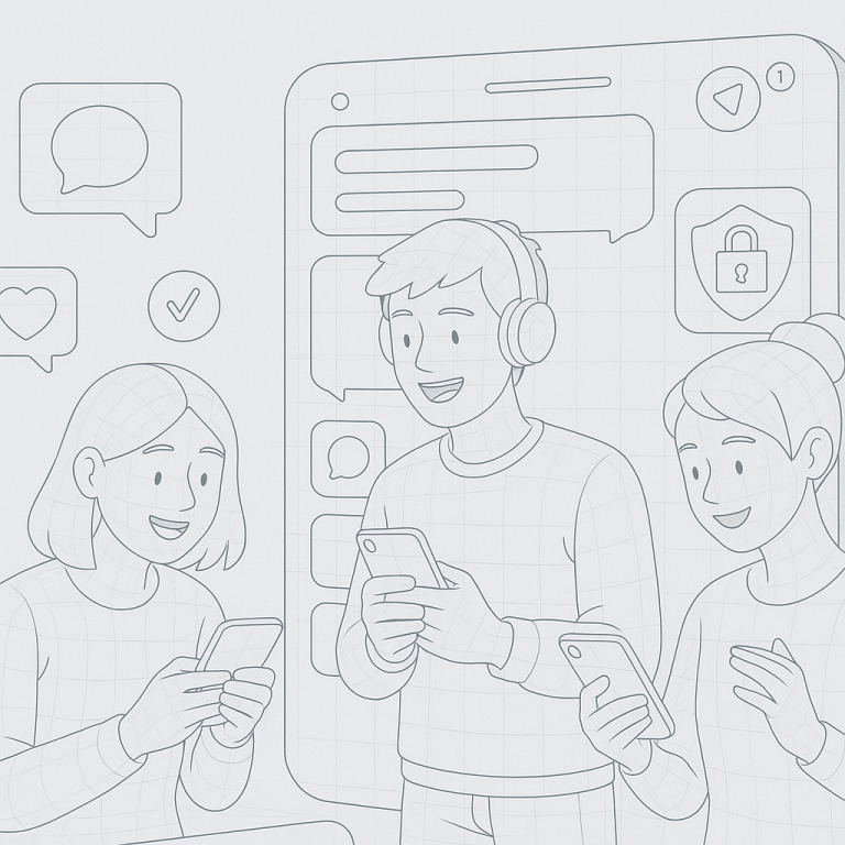 Illustration of teens browsing apps securely in a private messaging screens setting, with a inspired mood.