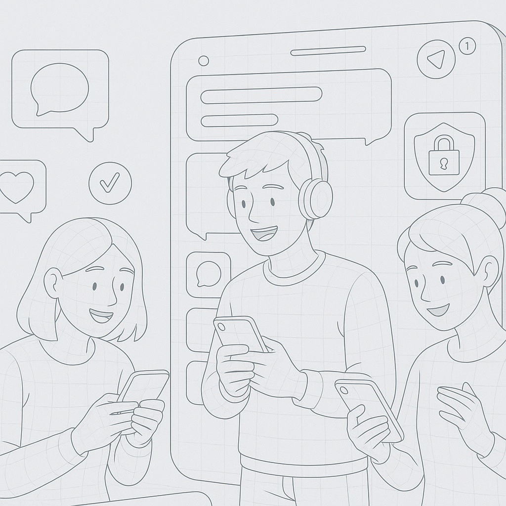 Illustration of teens browsing apps securely in a private messaging screens setting, with a inspired mood.
