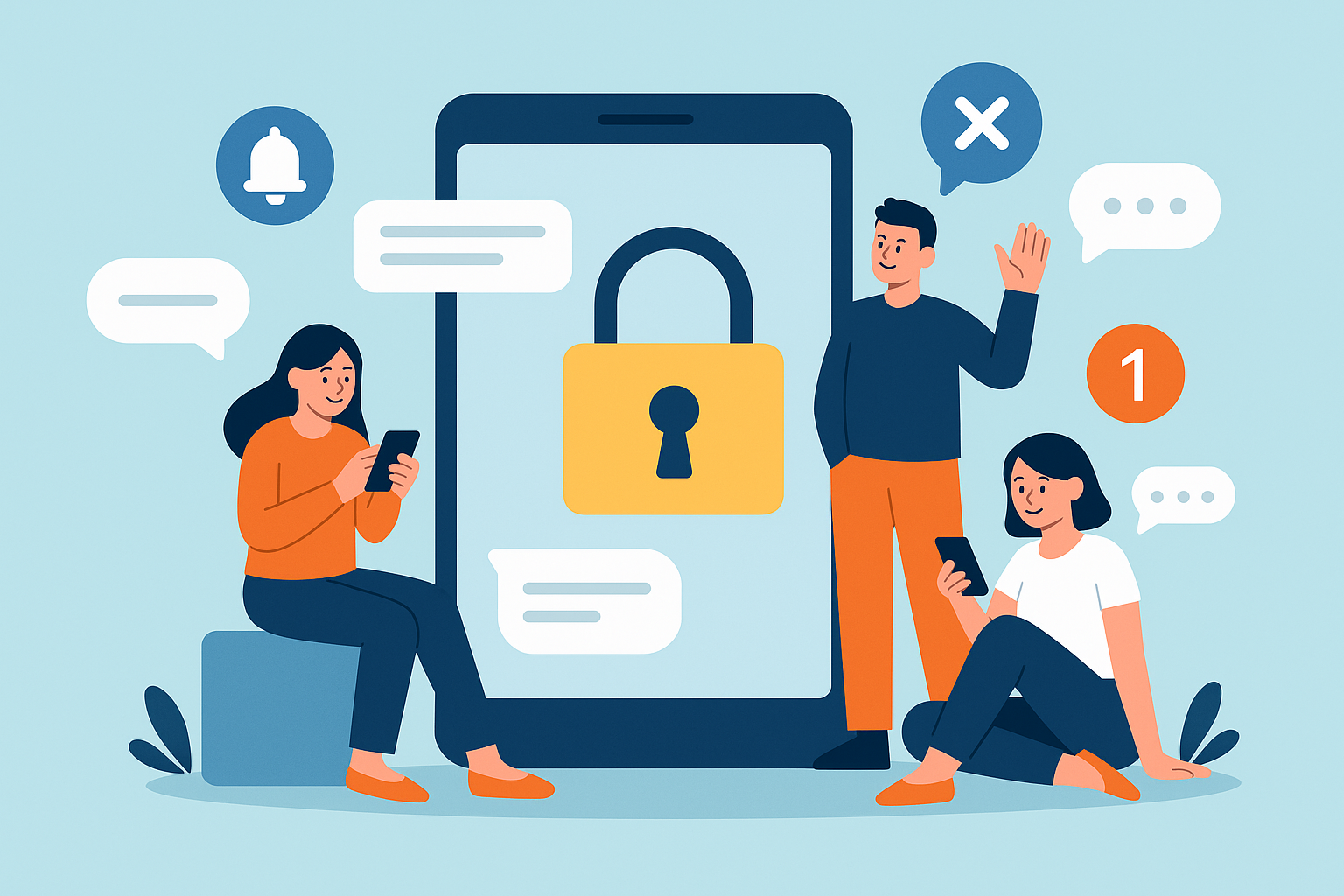 Illustration of mobile phone with lock symbol in a private messaging screens setting, with a relaxed mood.