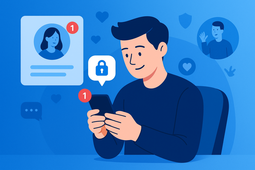 Illustration of young adult sending private message in a blue gradient tech design setting, with a relaxed mood.