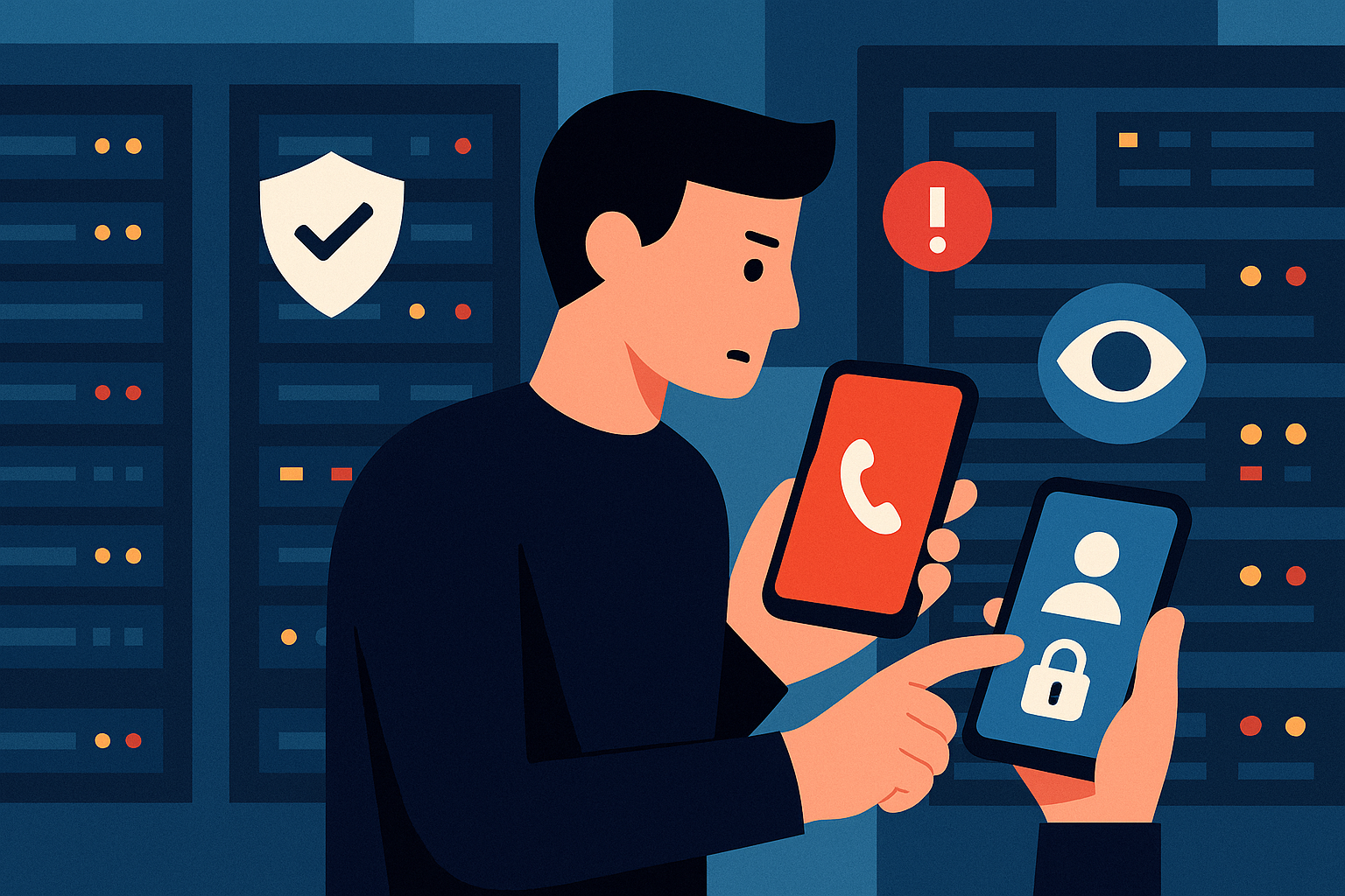 Illustration of illustration of second phone line in a cybersecurity server room setting, with a focused mood.
