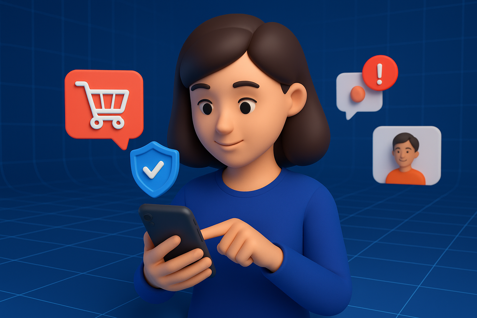 Illustration of woman using smartphone safely in a abstract data grid setting, with a focused mood.