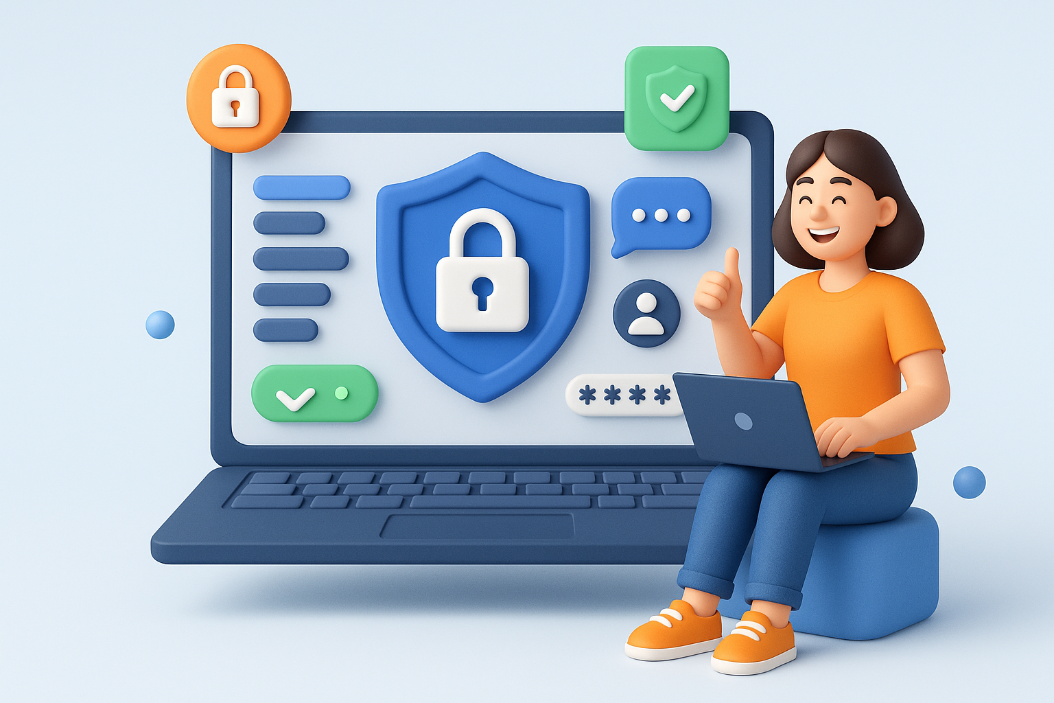 Illustration of privacy shield icon on screen in a digital security interface setting, with a happy mood.
