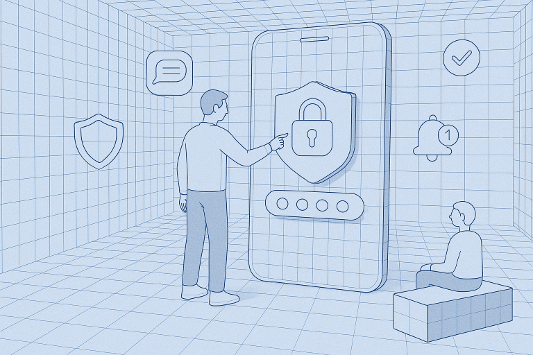Illustration of man setting up secure app in a abstract data grid setting, with a relaxed mood.