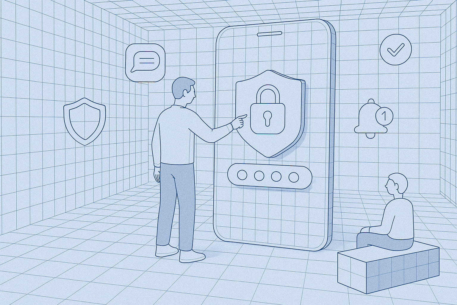 Illustration of man setting up secure app in a abstract data grid setting, with a relaxed mood.