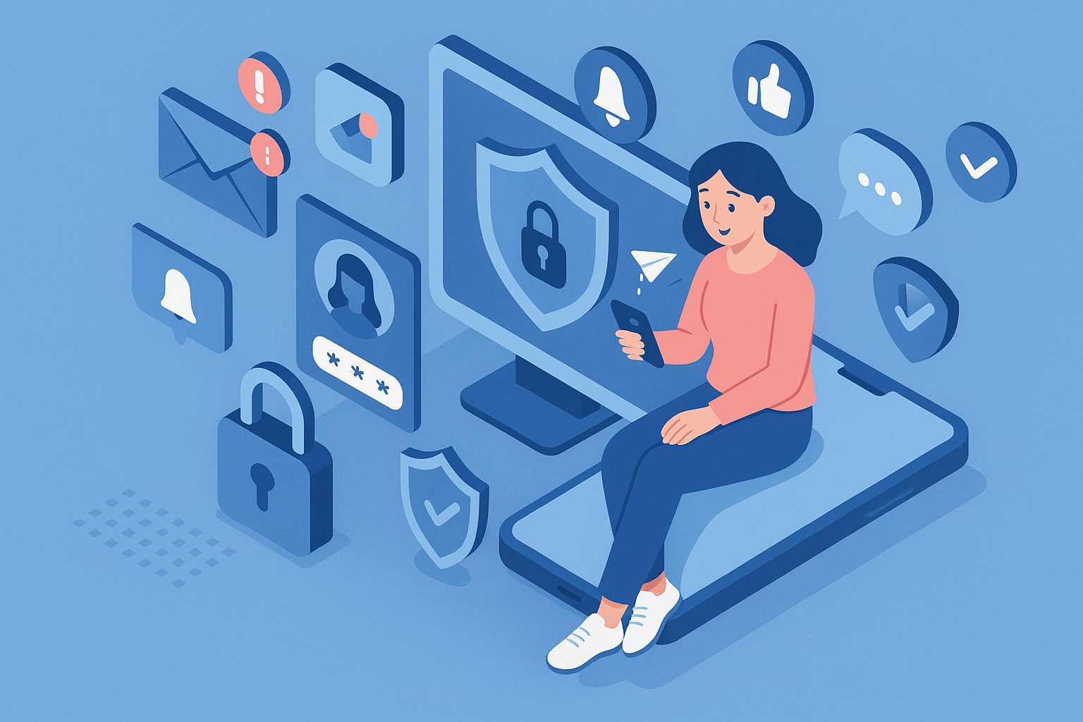Illustration of young adult sending private message in a digital security interface setting, with a inspired mood.