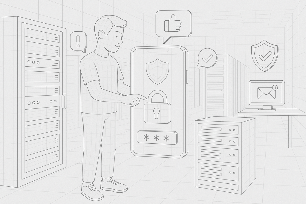 Illustration of man setting up secure app in a cybersecurity server room setting, with a relaxed mood.