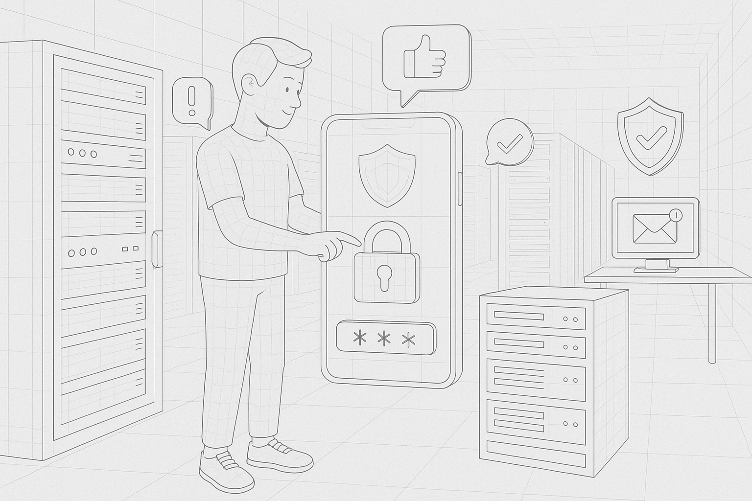 Illustration of man setting up secure app in a cybersecurity server room setting, with a relaxed mood.