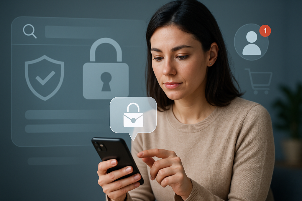 Illustration of young adult sending private message in a digital security interface setting, with a focused mood.