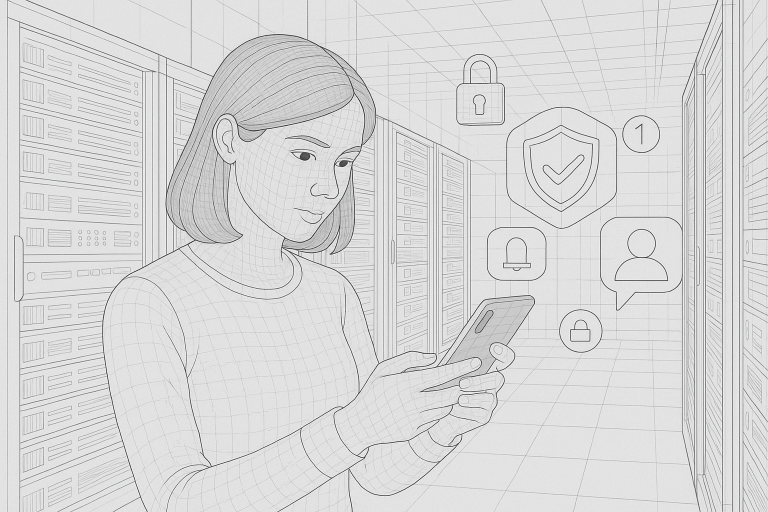 Illustration of teens browsing apps securely in a cybersecurity server room setting, with a focused mood.