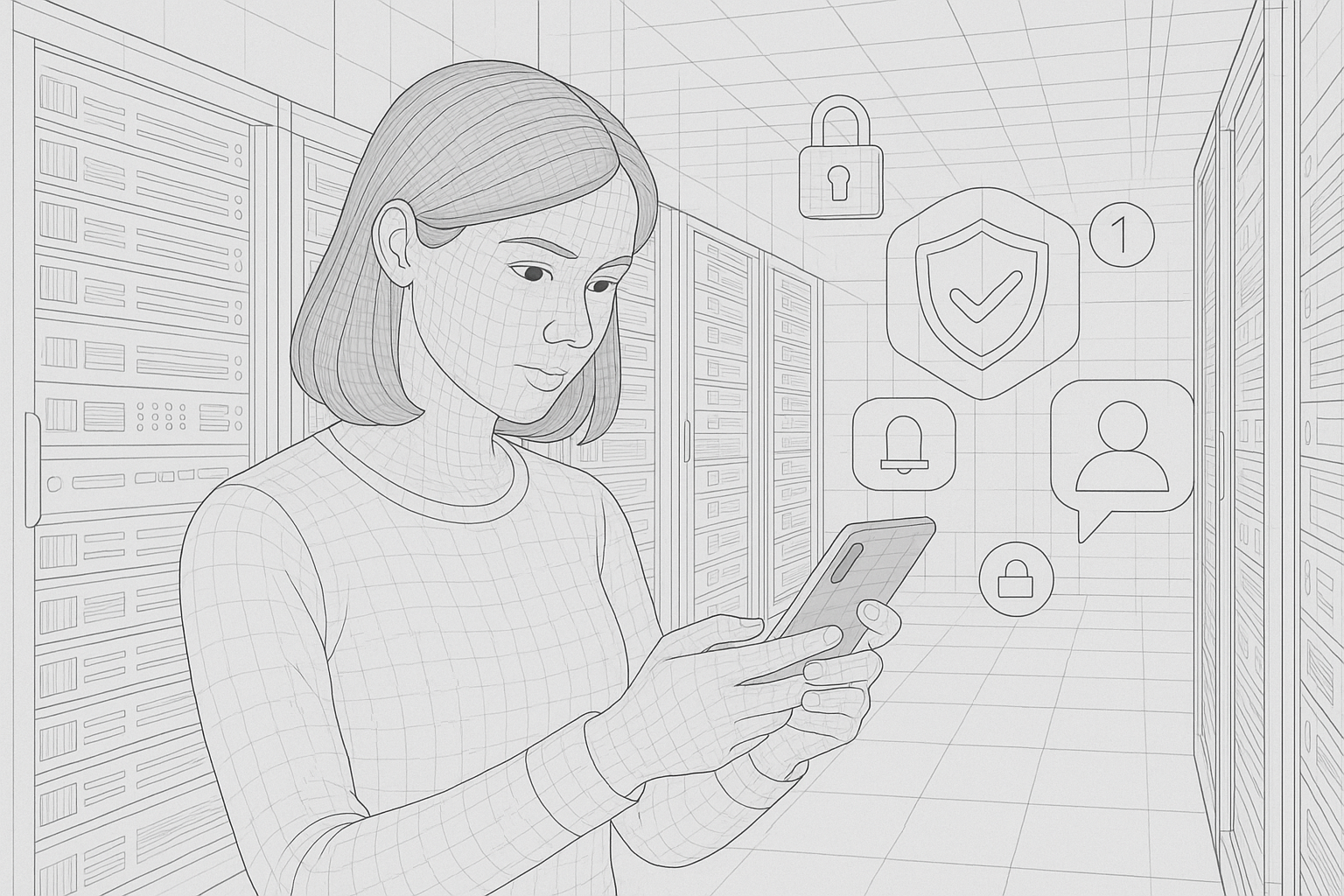 Illustration of teens browsing apps securely in a cybersecurity server room setting, with a focused mood.
