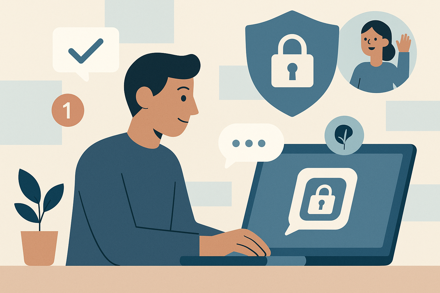 Illustration of young adult sending private message in a minimal tech workspace setting, with a relaxed mood.