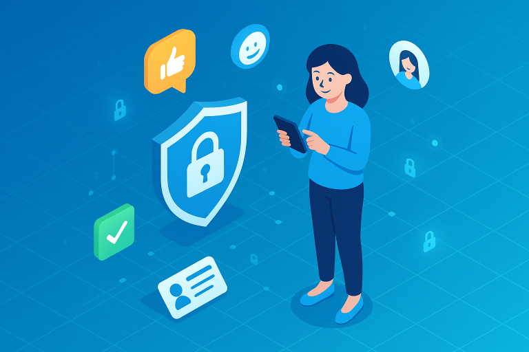 Illustration of woman using smartphone safely in a blue gradient tech design setting, with a happy mood.