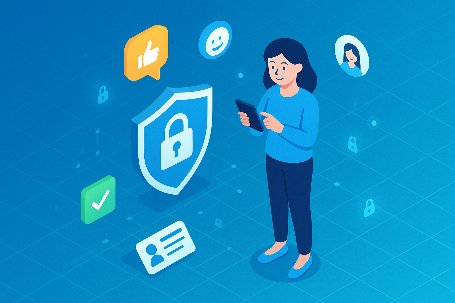 Illustration of woman using smartphone safely in a blue gradient tech design setting, with a happy mood.