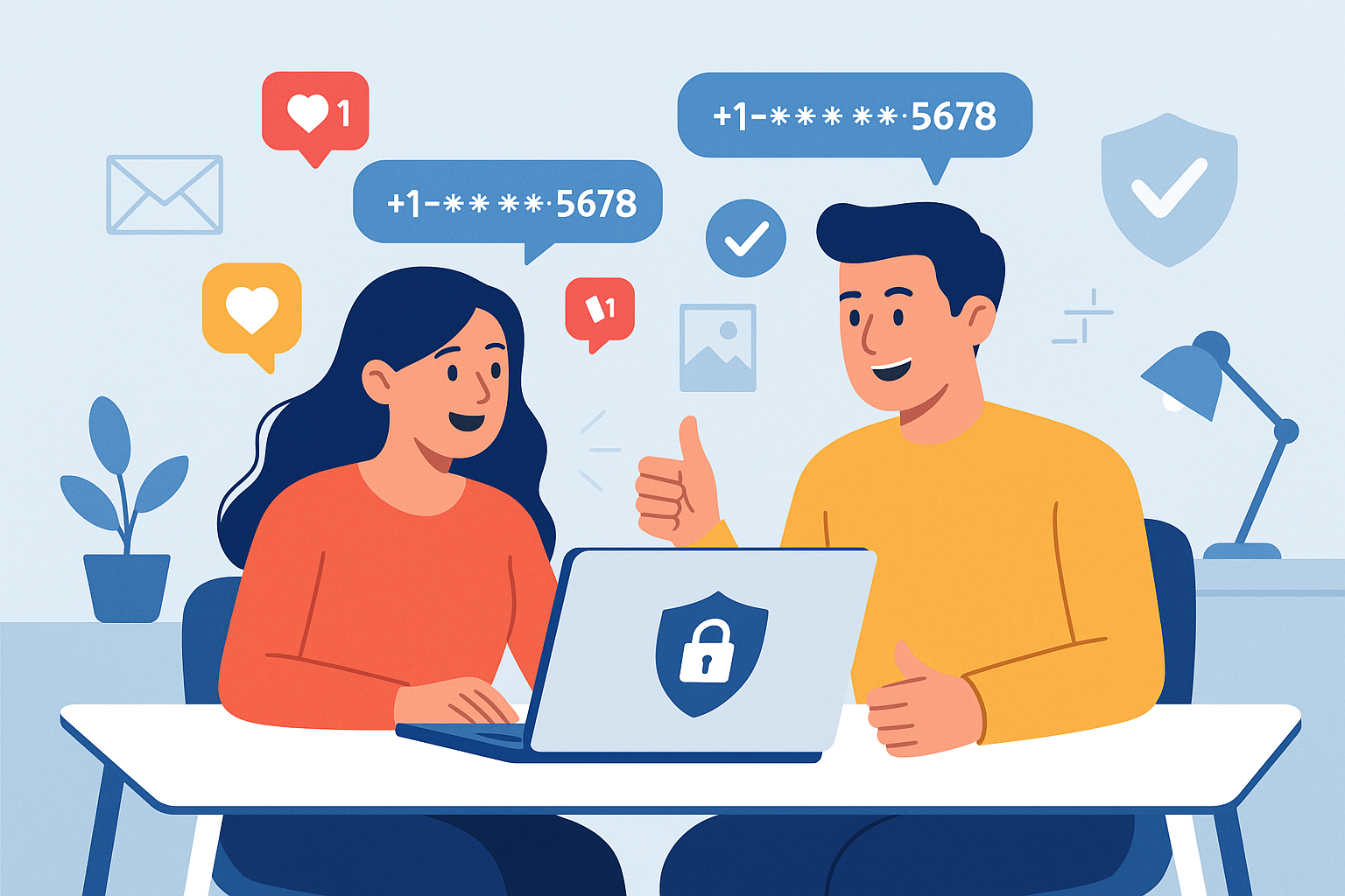 Illustration of couple using protected numbers in a minimal tech workspace setting, with a happy mood.