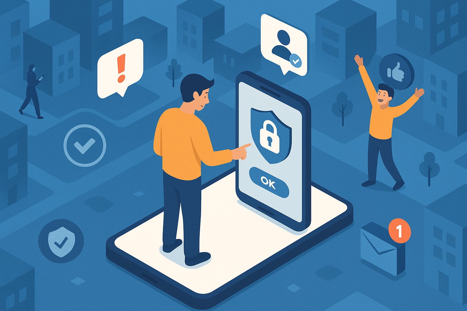 Illustration of man setting up secure app in a urban digital environment setting, with a inspired mood.