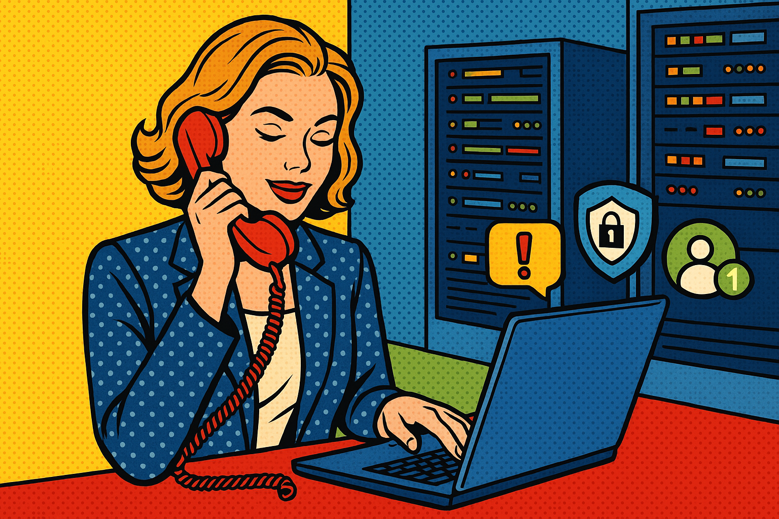 Illustration of illustration of second phone line in a cybersecurity server room setting, with a relaxed mood.