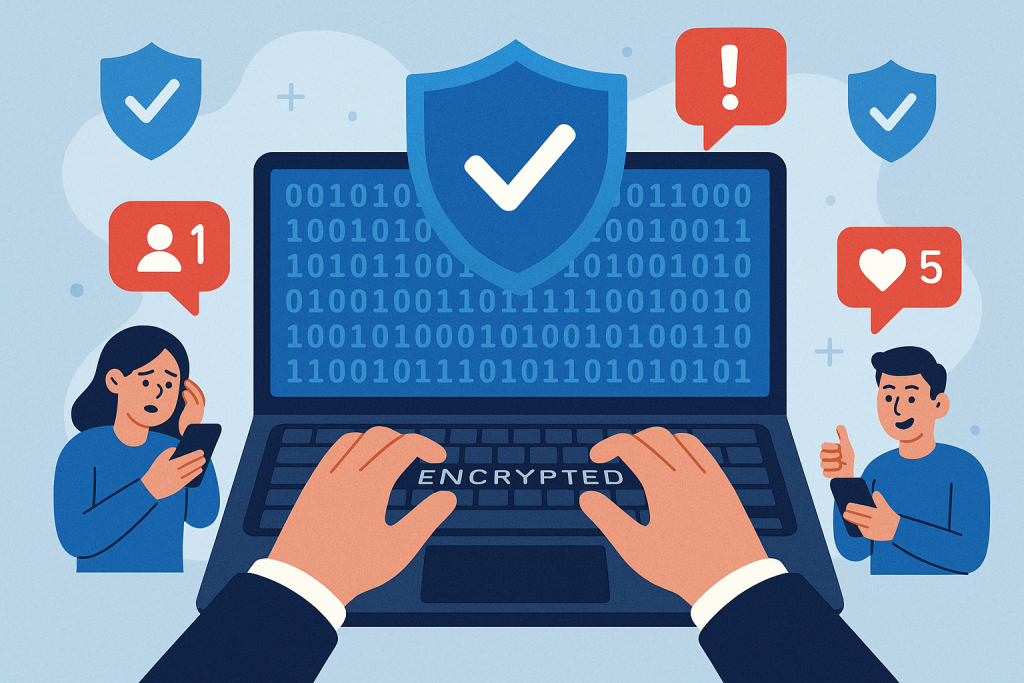 Illustration of hands typing on encrypted keyboard in a shield icons over data setting, with a determined mood.