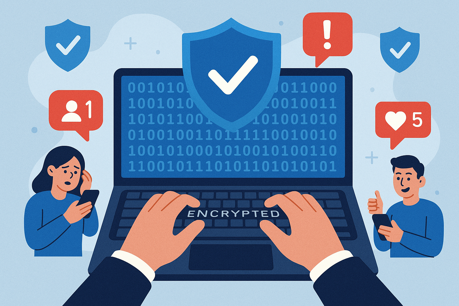 Illustration of hands typing on encrypted keyboard in a shield icons over data setting, with a determined mood.
