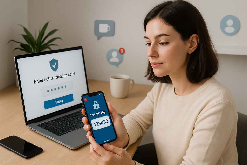 Illustration of man setting up secure app in a minimal tech workspace setting, with a relaxed mood.