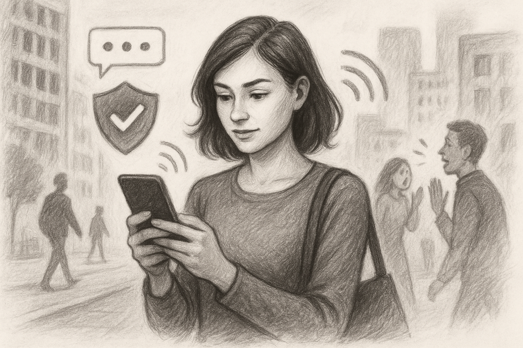 Illustration of woman using smartphone safely in a urban digital environment setting, with a determined mood.