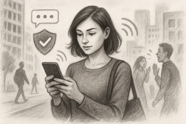 Illustration of woman using smartphone safely in a urban digital environment setting, with a determined mood.