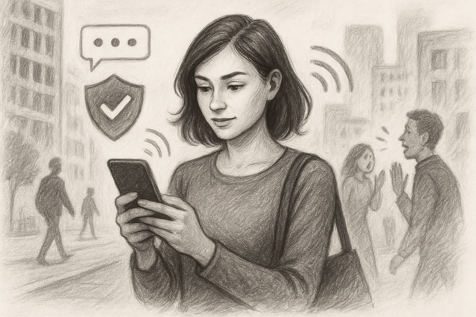 Illustration of woman using smartphone safely in a urban digital environment setting, with a determined mood.