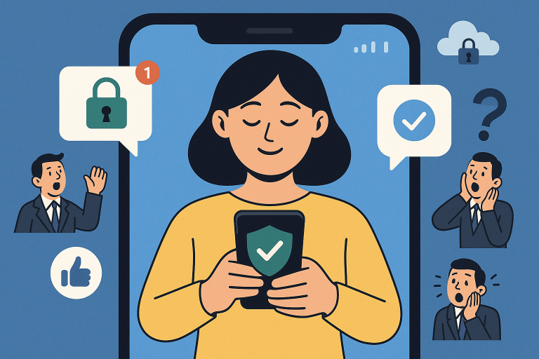 Illustration of woman using smartphone safely in a smartphone close-up setting, with a relaxed mood.