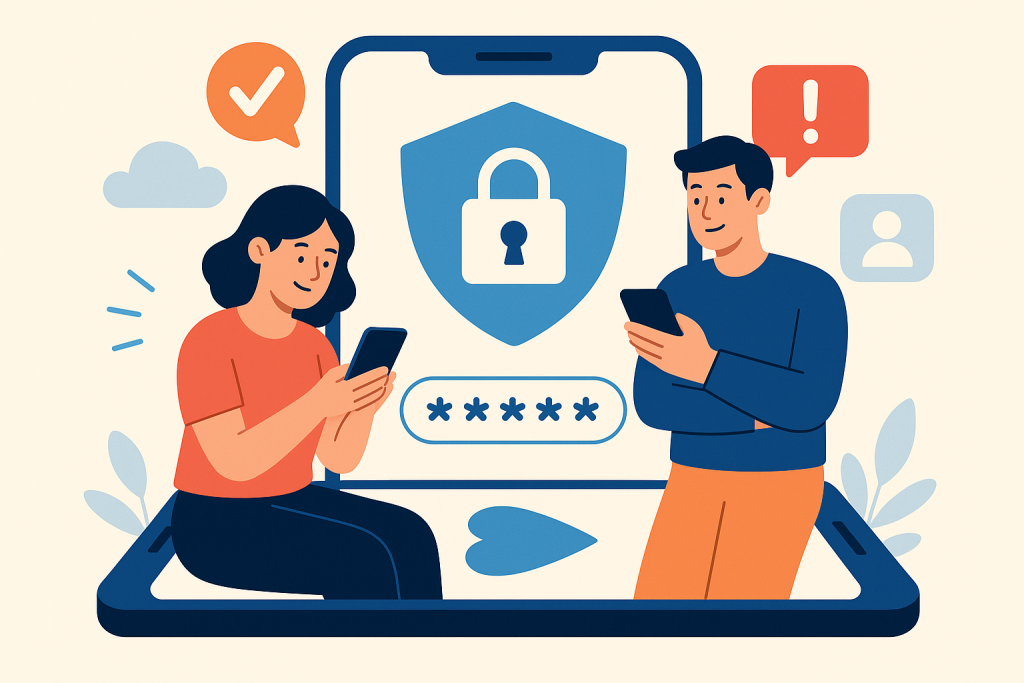 Illustration of couple using protected numbers in a smartphone close-up setting, with a relaxed mood.