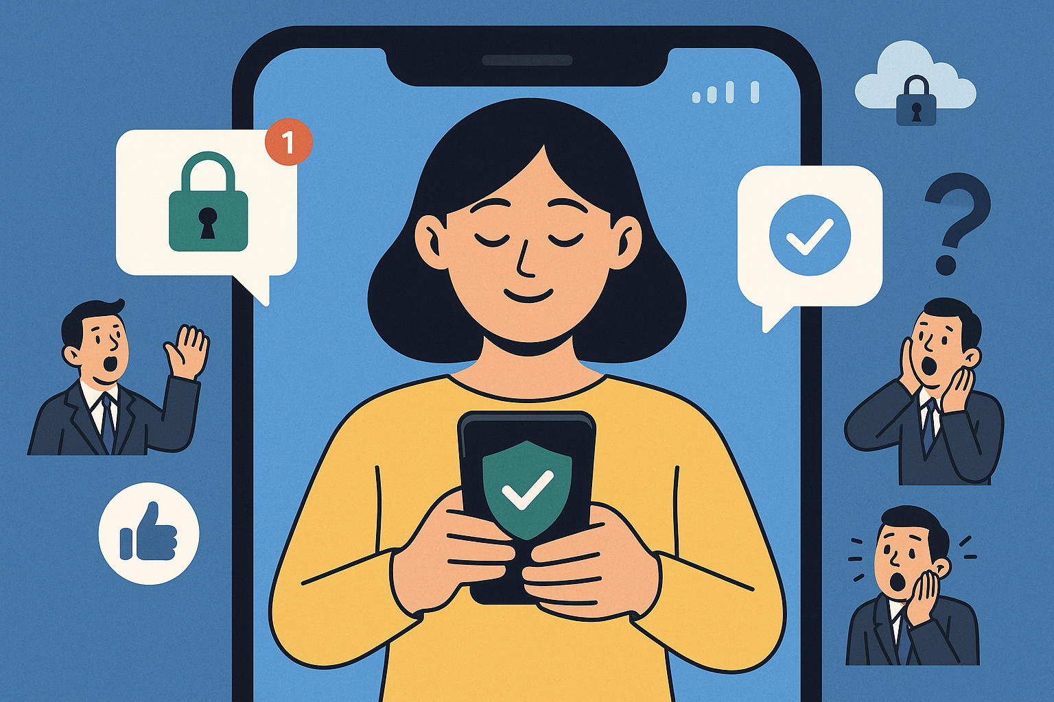 Illustration of woman using smartphone safely in a smartphone close-up setting, with a relaxed mood.