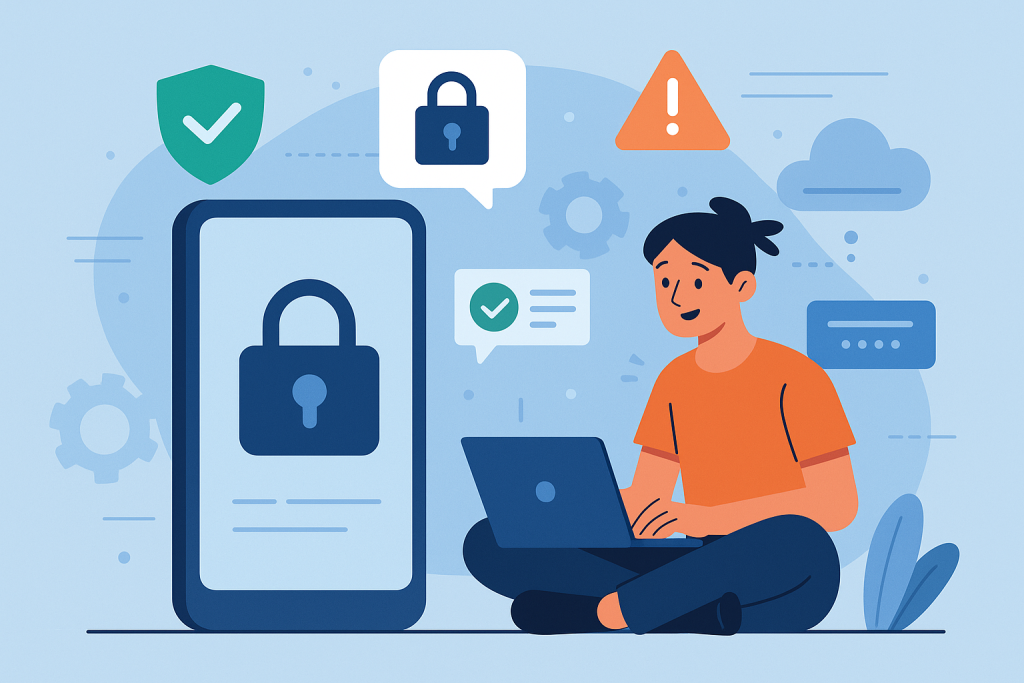 Illustration of mobile phone with lock symbol in a digital security interface setting, with a relaxed mood.