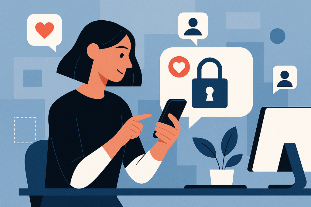 Illustration of young adult sending private message in a minimal tech workspace setting, with a creative mood.