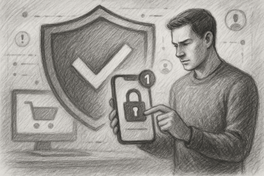 Illustration of man setting up secure app in a shield icons over data setting, with a determined mood.