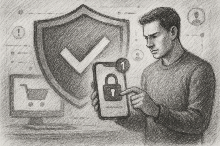 Illustration of man setting up secure app in a shield icons over data setting, with a determined mood.