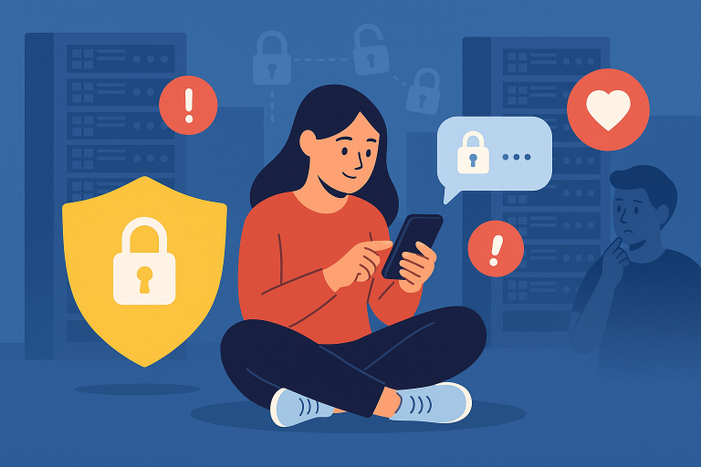 Illustration of young adult sending private message in a cybersecurity server room setting, with a focused mood.