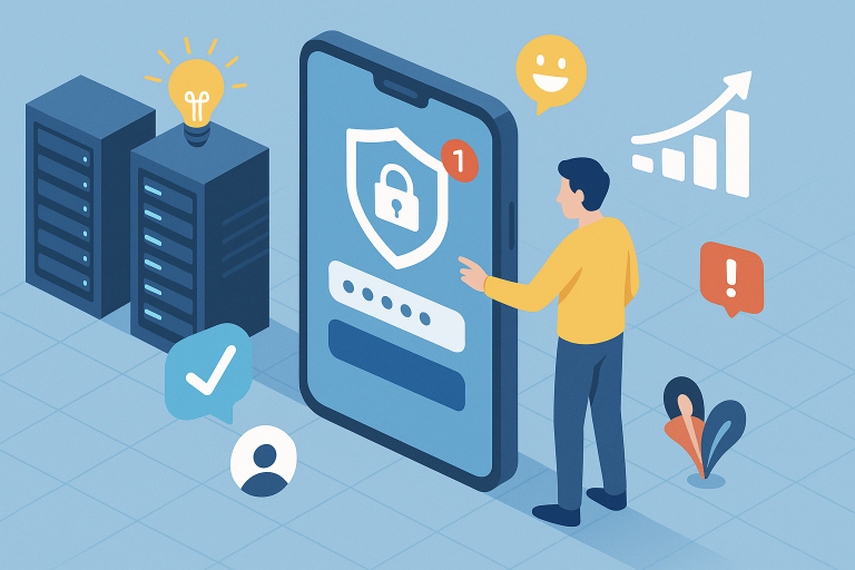 Illustration of man setting up secure app in a cybersecurity server room setting, with a inspired mood.