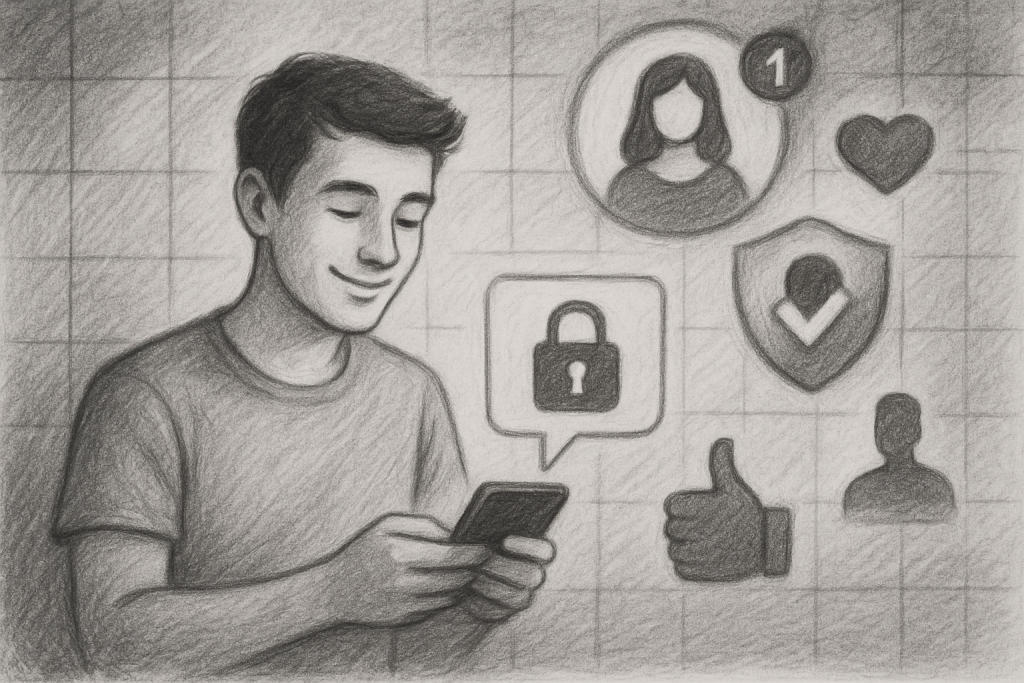 Illustration of young adult sending private message in a abstract data grid setting, with a relaxed mood.