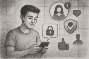 Illustration of young adult sending private message in a abstract data grid setting, with a relaxed mood.