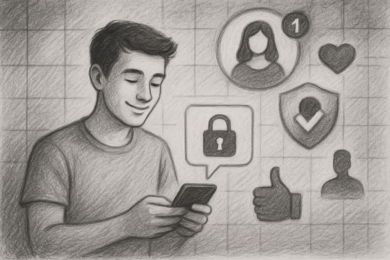 Illustration of young adult sending private message in a abstract data grid setting, with a relaxed mood.