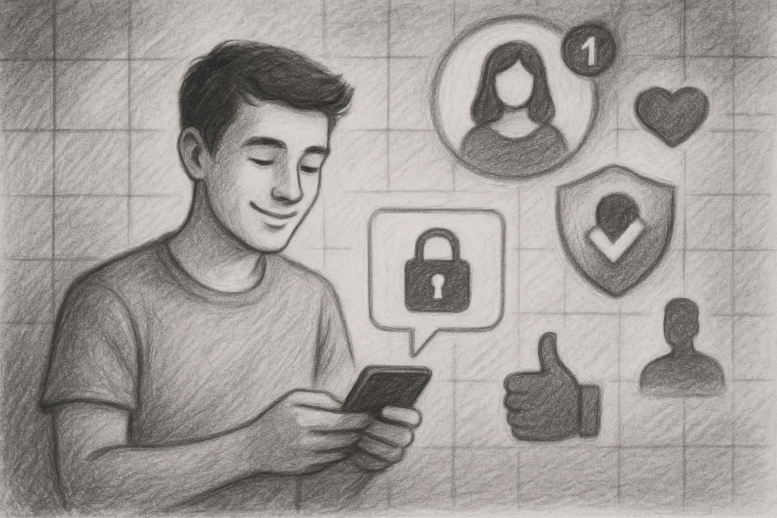 Illustration of young adult sending private message in a abstract data grid setting, with a relaxed mood.