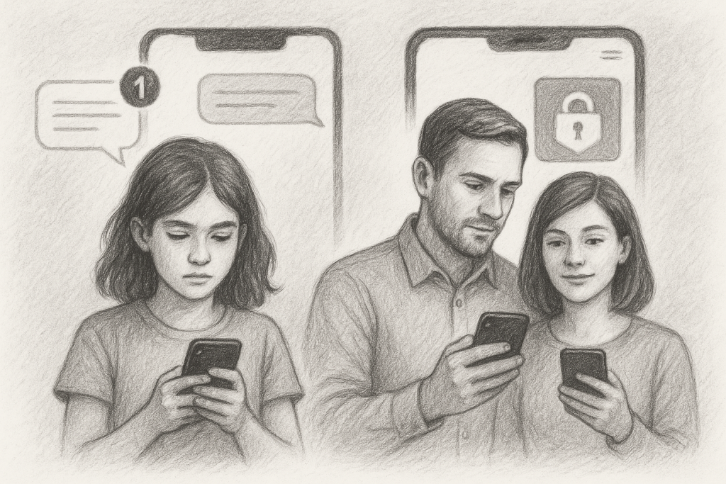 Illustration of couple using protected numbers in a private messaging screens setting, with a determined mood.