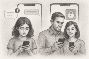 Illustration of couple using protected numbers in a private messaging screens setting, with a determined mood.