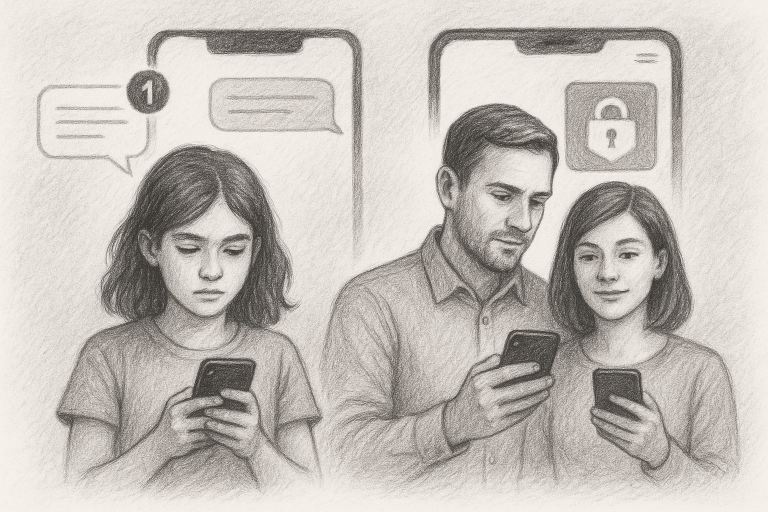 Illustration of couple using protected numbers in a private messaging screens setting, with a determined mood.